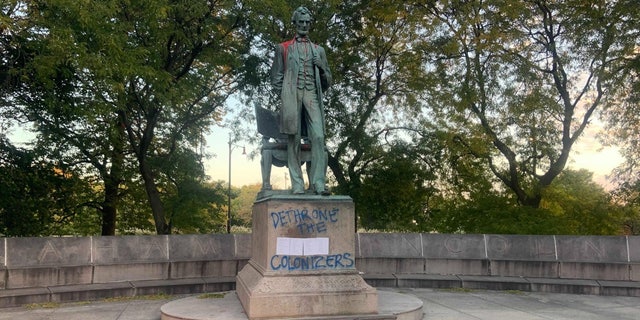 Vandals desecrated a famous statue of President Abraham Lincoln in Chicago's Lincoln Park on Monday, claiming they want "to tear down the myth of Lincoln as great liberator."