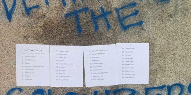 The vandals posted sheets of paper listing the names of 38 Dakota men whose execution Lincoln approved in 1862.