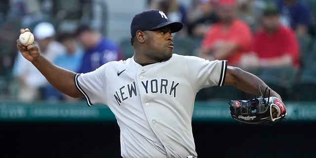 New York Yankees pitcher Luis Severino throws during the first inning of a game against the Texas Rangers in Arlington, Texas on October 3, 2022.