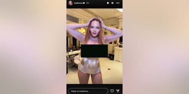 The 64-year-old singer Madonna posed topless and put a lollipop and money bag on each side of her breast. She donned a gold corset and fishnet stockings.