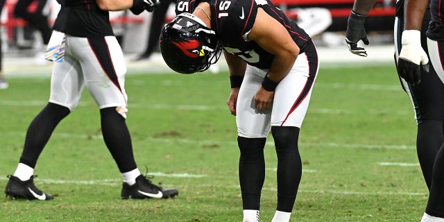 Matt Ammendola of the Cardinals reacts after missing a game-tying field goal against the Philadelphia Eagles on Oct. 9, 2022, in Glendale, Arizona.