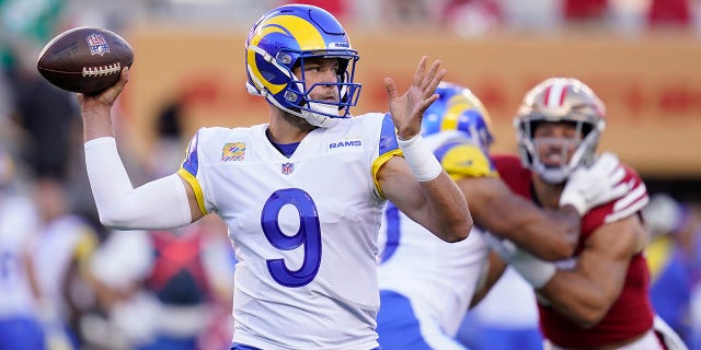 Los Angeles Rams quarterback Matthew Stafford (9) passes against the San Francisco 49ers during the first half of an NFL football game in Santa Clara, Calif., Monday, Oct. 3, 2022. . 