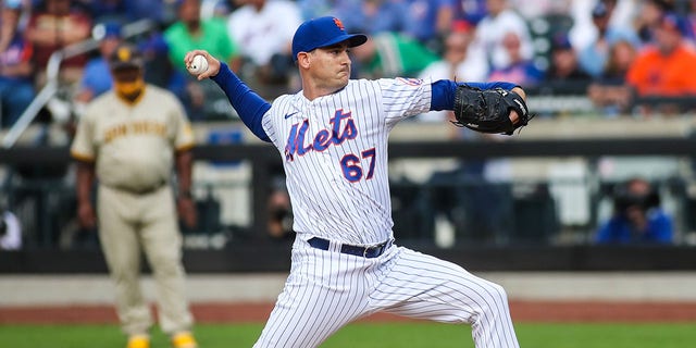 New York Mets pitcher Seth Lugo delivers during a game at Citi Field in New York on June 12, 2021.