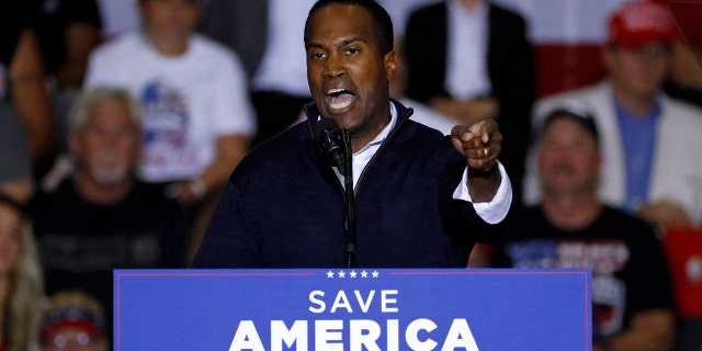 John James, Republican candidate for the 10th District, speaks during former President Trump's Save America rally at Macomb County Community College Sports and Expo Center in Warren, Mich., Oct. 1, 2022.