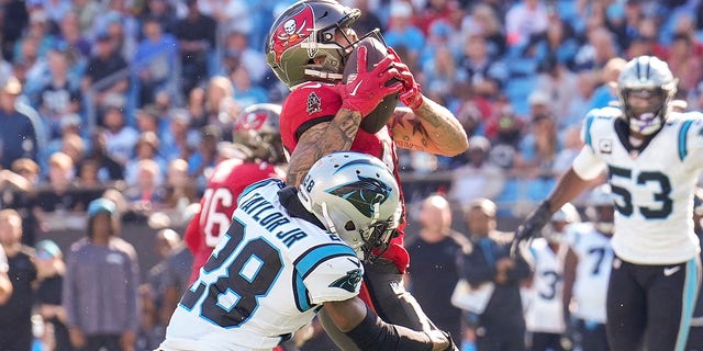 Tampa Bay Buccaneers wide receiver Mike Evans (13) is hit as he makes a catch by Carolina Panthers cornerback Keith Taylor Jr. (28) during the second half at Bank of America Stadium in Charlotte, NC, Oct 23, 2022.