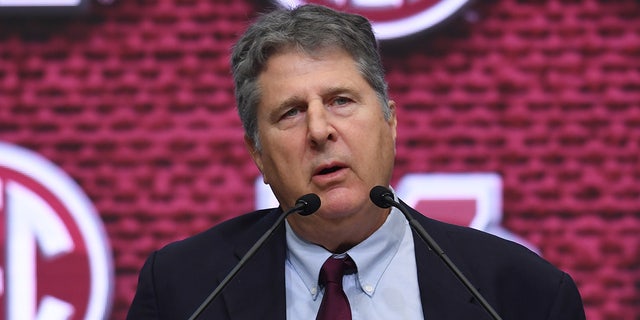 Head Coach Mike Leach of the Mississippi State Bulldogs addresses the media during the SEC Football Kickoff Media Days at the College Football Hall of Fame in Atlanta, Georgia, July 19, 2022.