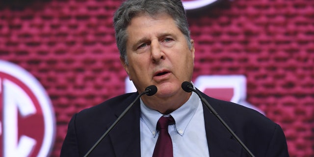 Head Coach Mike Leach of the Mississippi State Bulldogs addresses the media during the SEC Football Kickoff Media Days at the College Football Hall of Fame in Atlanta, Georgia, July 19, 2022.