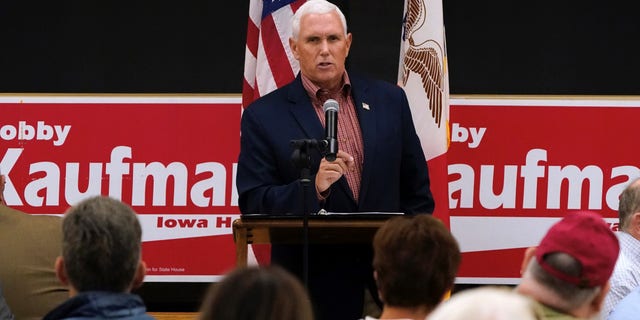 Former Vice President Mike Pence heads the annual Kauffman Family Harvest Dinner on Sept. 29, 2022 in Wilton, Iowa. The event brought together Republican officials, politicians, leaders and activists.