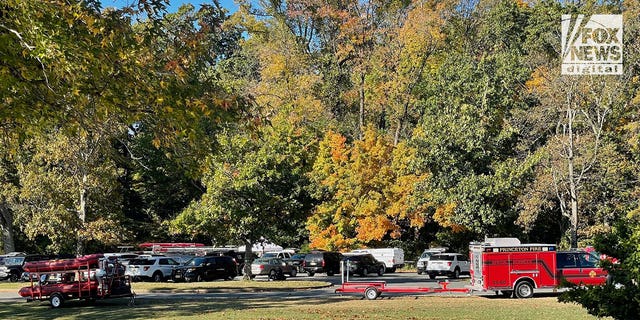 Princeton rescue personnel seen gathering near the Carnegie Lake and the Class of 1887 Boathouse on Princeton University campus.