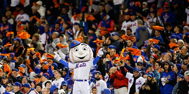 Mr Met is seen against the San Diego Padres in game two of the Wild Card Series at Citi Field on October 08, 2022 in New York City.