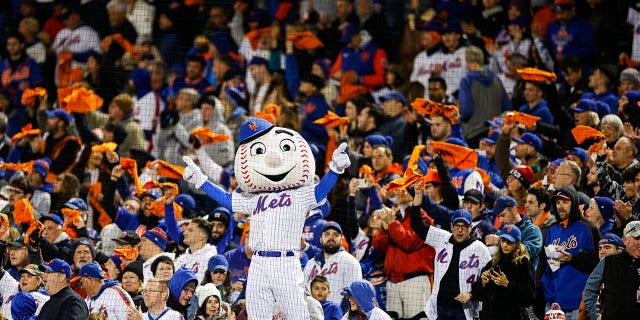 Mr Met is seen against the San Diego Padres in game two of the Wild Card Series at Citi Field on October 08, 2022 in New York City.