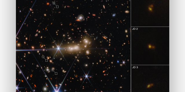 The massive gravity of galaxy cluster MACS0647 acts as a cosmic lens to bend and magnify light from the more distant MACS0647-JD system. It also triply lensed the JD system, causing its image to appear in three separate locations.