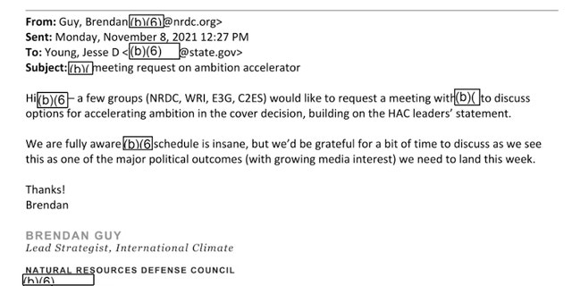 NRDC's Brendan Guy is coordinating a meeting with John Kerry's climate office at the State Department in November 2021.