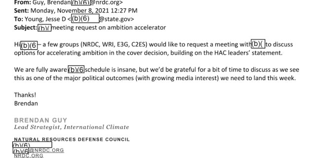 NRDC's Brendan Guy is coordinating a meeting with John Kerry's climate office at the State Department in November 2021.