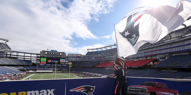 The New England Patriots mascot waves a flag during a game against the Las Vegas Raiders at Gillette Stadium in Foxboro, Massachusetts on September 27, 2020.