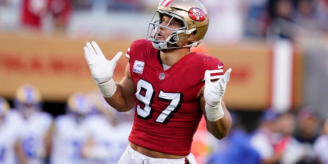 San Francisco 49ers defensive end Nick Bosa reacts after sacking Los Angeles Rams quarterback Matthew Stafford during the first half of a game in Santa Clara, Calif., Monday, Oct. 3, 2022.
