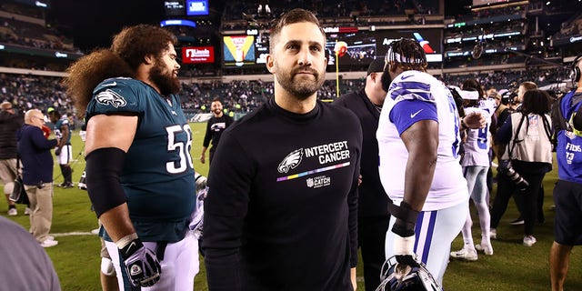 Head coach Nick Sirianni of the Philadelphia Eagle walks off the field following the teams 26-17 win over the Dallas Cowboys at Lincoln Financial Field on Oct. 16, 2022 in Philadelphia.