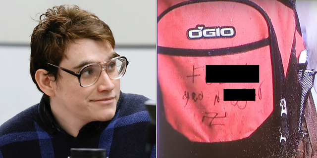 A photo combination of Nikolas Cruz in court Monday Oct. 3, 2022, for his penalty trial and a backpack emblazoned with a racial slur that he once wore to school.