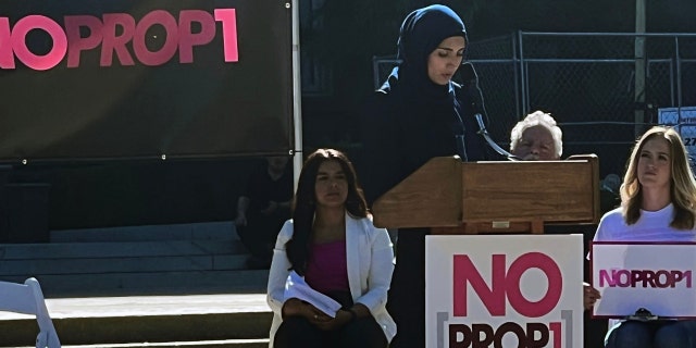 Tarbiya Institute representative Mashal Ayobi speaks at the No on Prop. 1 press conference in Sacramento, California, on Oct. 6, 2022.