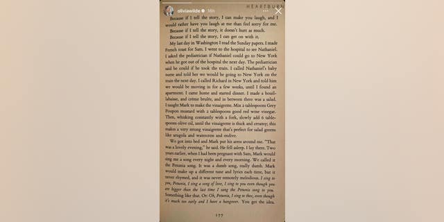 Olivia Wilde Instagram story showed a picture of page 177 from Nora Ephron's book, "Heartburn."