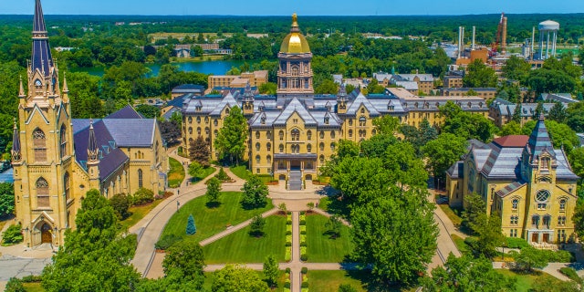 The University of Notre Dame Campus with Golden Dome, Basilica of the Sacred Heart, and Washington Hall.