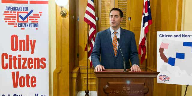 Republican Secretary of State Frank LaRose speaks at the Ohio Statehouse on Oct. 6, 2022, about a constitutional amendment that would prohibit noncitizen voting.