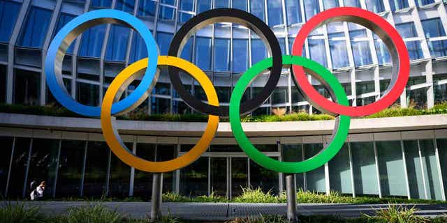 The Olympic rings at the International Olympic Committee (IOC) headquarters. 