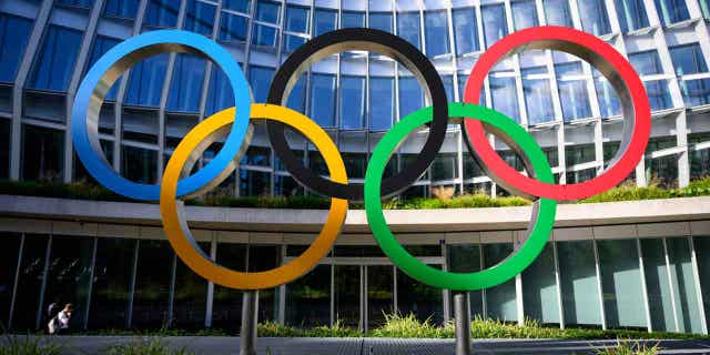 The Olympic rings at the International Olympic Committee (IOC) headquarters.