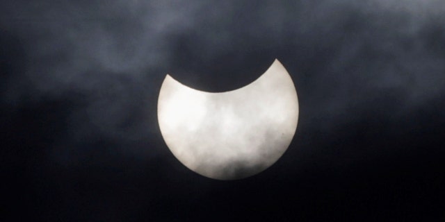 A view of a partial solar eclipse is seen in Cairo, Egypt Oct. 25, 2022.