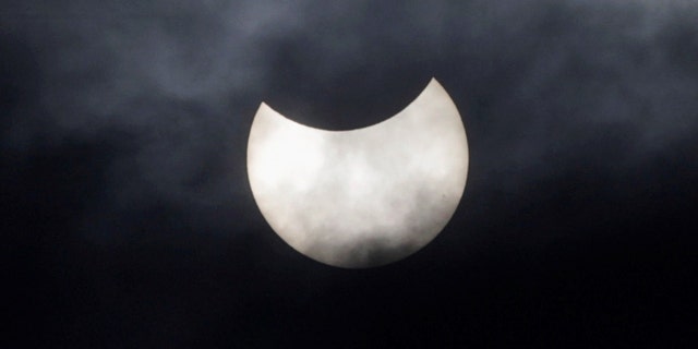 A view of a partial solar eclipse is seen in Cairo, Egypt Oct. 25, 2022.