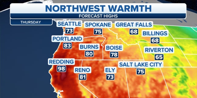 Forecast high temperatures in the Northwest on Thursday