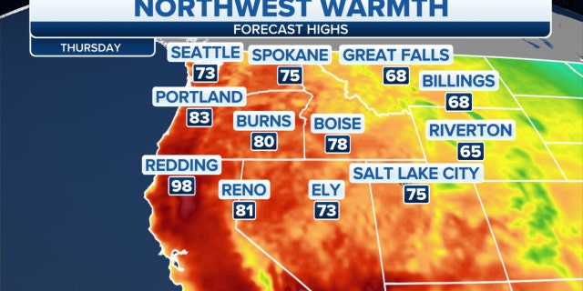 Forecast high temperatures in the Northwest on Thursday