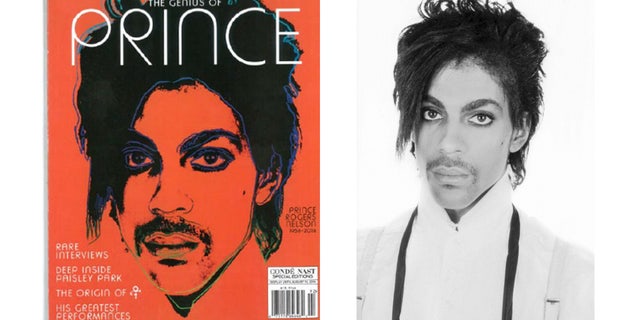 Left: 2016 Vanity Fair cover featuring Andy Warhol's recreated image; right: 1981 Lynn Goldsmith photograph of Prince