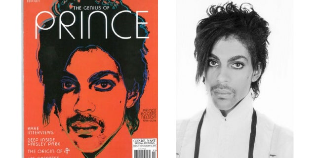 Left: 2016 Vanity Fair cover featuring Andy Warhol's recreated image of Prince. Right: 1981 Lynn Goldsmith photograph of Prince.