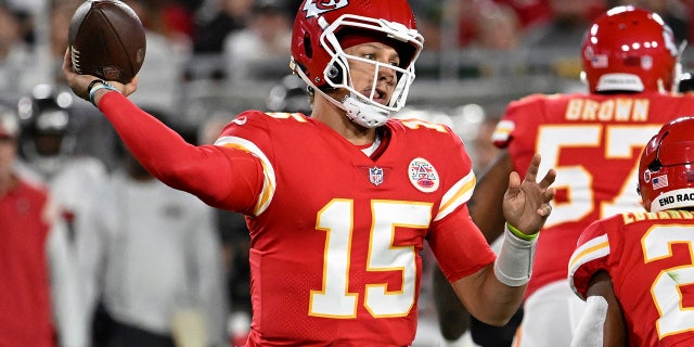 Kansas City Chiefs quarterback Patrick Mahomes (15) throws a pass during the first half against the Tampa Bay Buccaneers on Oct. 2, 2022, in Tampa, Florida.