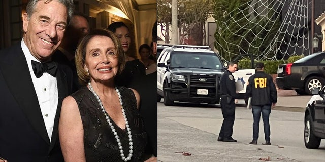 Paul Pelosi and Nancy Pelosi on April 25, 2015 in Washington, D.C.; Image at right shows FBI agents outside the home of Nancy and Paul Pelosi Oct. 28, 2022.