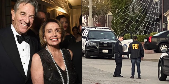 Paul Pelosi and Nancy Pelosi on April 25, 2015 in Washington, D.C.; Image at right shows FBI agents outside the home of Nancy and Paul Pelosi Oct. 28, 2022.