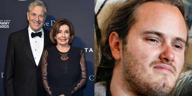 Paul Pelosi and Nancy Pelosi, left, attend the Pre-GRAMMY Gala. David DePape, right.