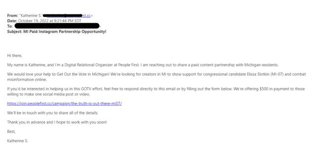 Democrat-linked, progressive marketing firm People First is offering Michigan content creators $500 to endorse vulnerable Rep. Elissa Slotkin, D-Mich., online.