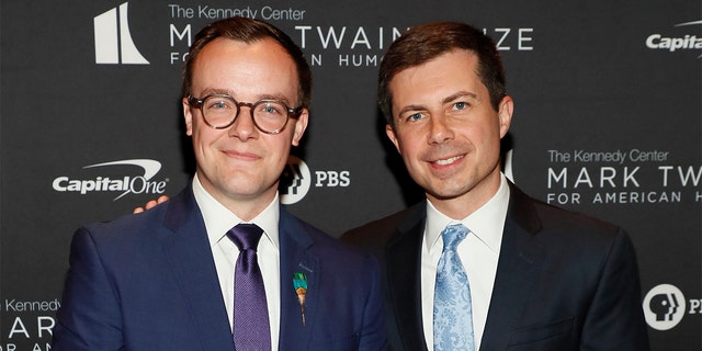 Chasten Buttigieg and husband Pete Buttigieg attend the 23rd Annual Mark Twain Prize For American Humor at The Kennedy Center on April 24, 2022, in Washington, D.C.