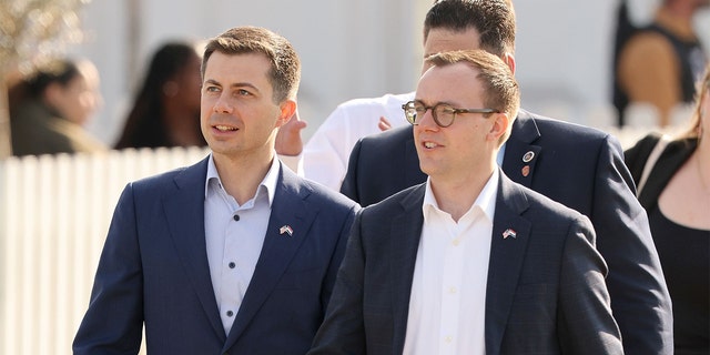 Secretary of Transportation Pete Buttigieg and Chasten Buttigieg attend a reception ahead of the start of the Invictus Games The Hague 2020 on April 15, 2022, in The Hague, Netherlands.