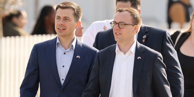 Secretary of Transportation Pete Buttigieg and Chasten Buttigieg attend a reception ahead of the start of the Invictus Games on April 15, 2022, in The Hague, Netherlands.  The couple took a military aircraft to the event.