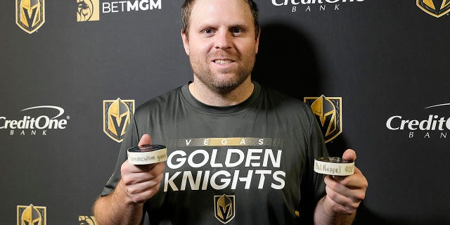 Phil Kessel, #8 of the Vegas Golden Knights, poses with the pucks from his 990th consecutive NHL game, breaking the record owned by Keith Yandle for the longest "Ironman" streak in league history, and his 400th career goal against the San Jose Sharks at SAP Center on Oct. 25, 2022 in San Jose, California.