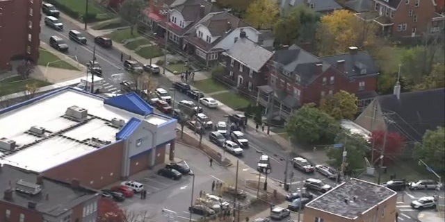 The aftermath of a Pittsburgh funeral shooting is seen from above, Friday, Oct. 28, 2022.