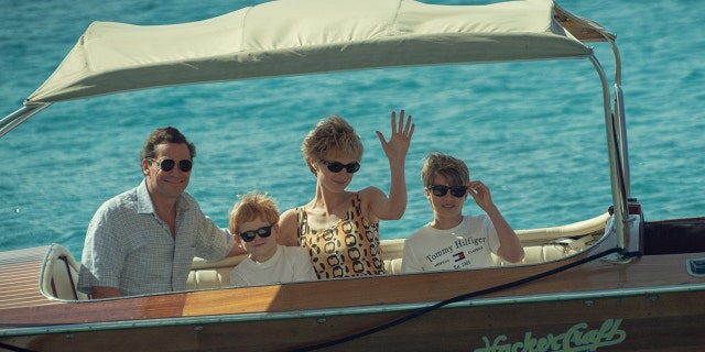 In the first set of photos, Princess Diana -- played by Elizabeth Debicki -- is pictured on a speedboat next to a young Prince Williams, (Timothee Sambor) and Prince Harry (Teddy Hawley.) 