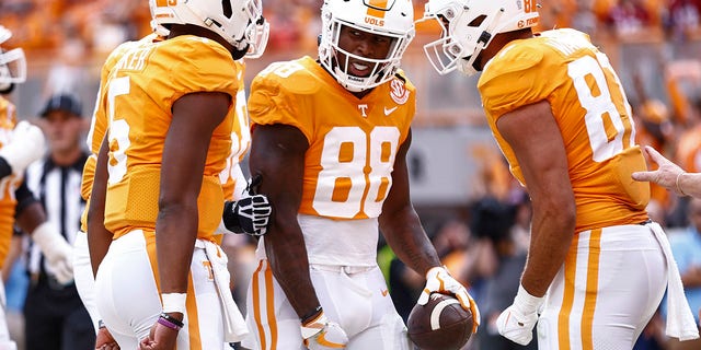Tennessee tight end Princeton Fant (88) celebrates with teammates scoring a touchdown during the first half of an NCAA college football game against Alabama, Saturday, Oct. 15, 2022, in Knoxville, Tenn.