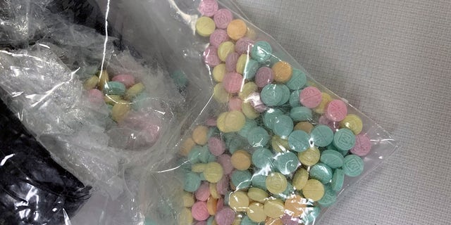 A bag of rainbow-colored fentanyl pills.