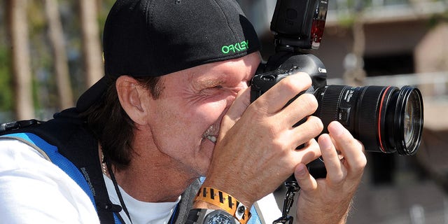 Photographer/baseball player Randy Johnson participates in the 37th Annual Toyota Pro/Celebrity Race on April 11, 2014, in Long Beach, California.