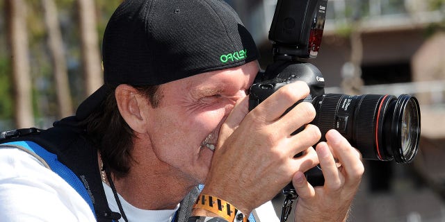 Photographer/baseball player Randy Johnson participates in the 37th Annual Toyota Pro/Celebrity Race on April 11, 2014, in Long Beach, California.