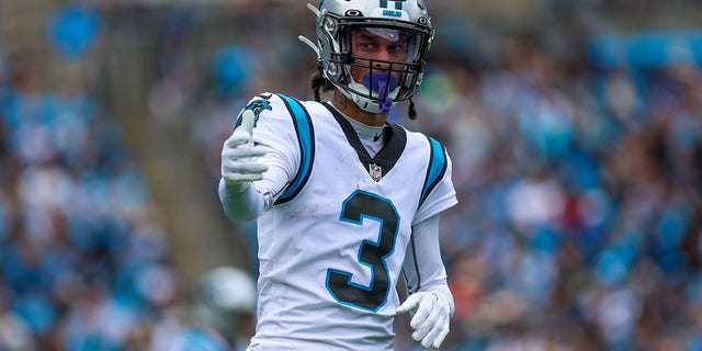 Robbie Anderson, #3 of the Carolina Panthers, checks with the referee to make sure he is on the line of scrimmage during a football game between the Carolina Panthers and the New Orleans Saints on Sep 25, 2022, at Bank of America Stadium in Charlotte, North Carolina.
